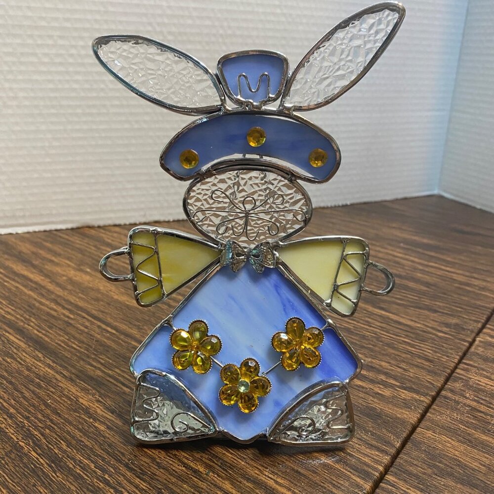 Stained Glass Bunny Rabbit Tea‎ Light Decor Yellow Flower Accents Easter Spring